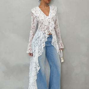 TEMU 봄-여름 로맨틱 휴가 우아한 시스루 레이스 트림 여성용 롱 슬림 코트, 가벼운 커버업, 봄 패션, 시스루 디자인, 섬세한 디테일, 레이스 오버레이, 정교한 스티칭, 스타일리시 아우터웨어, 슬림 재킷, 트렌디한 레이디스, 여름 워드로브