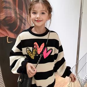 TEMU 여아용 패셔너블한 회색 프린트 반팔 스웨트셔츠, 봄/가을에 적합, 넉넉한 핏으로 디자인된 아동용