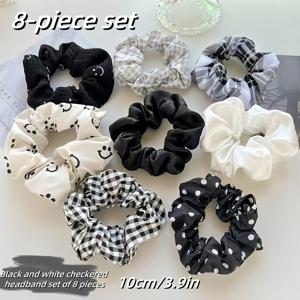 TEMU 8개 블랙 앤 화이트 체크 헤어 타이 - 귀여운 스타일 패브릭 스크런치, 포니테일, 번 & 업두용, 데이 헤어 액세서리, 포니테일 헤어 타이에 완벽함|체크 패턴|부드러운 질감