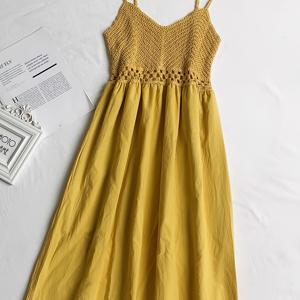 TEMU 여성용 맥시 드레스 - 라운드 넥, 가벼운 여름 파티 웨딩 의상, 무스타드 옐로우 캐주얼 & 포멀 롱 플로우 드레스, 쉬운 관리 일상 우아한 원피스, 정교한 오픈워크 디테일|여름원피스