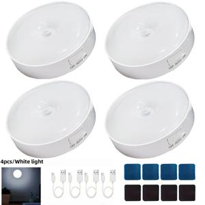 TEMU 새로운 화이트 디자인 원형 모션 센서등 4개 세트, 충전식, 모션 센서 장착, LED 마그네틱 야간 조명, 침실 침대 옆, 옷장, 주방, 계단, 복도, 사무실 및 기숙사 등 다양한 조명에 적합