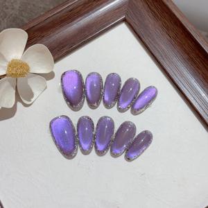 TEMU 10개 수제 인조 손톱, 보라색 투명 캣아이 효과 고품질 탈착식 프레스온 네일, 미세한 글리터 가장자리, 가을-겨울 신상 DIY 매니큐어 애호가용, 적용 도구 키트 포함, 완벽한 선물 선택, 알몬드 X, 알몬드 네일, 수제 프레스온 네일, 인조 손톱, 여성용