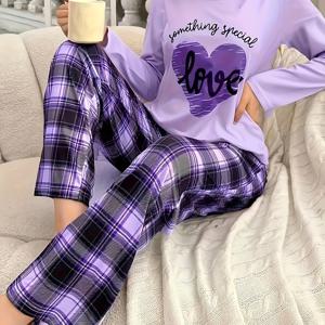 TEMU 발렌타인데이 여성용 하트 및 슬로건 프린트 파자마 세트 | 편안한 원단, 루즈핏, 크루넥 긴소매 상의, 탄성 허리 밴드 긴 바지, 올 시즌 캐주얼 파자마 세트