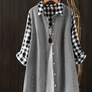 TEMU 플러스 사이즈, 여성용 플러스 사이즈 우아한 칼라 버튼 셔츠 자켓 - 롱 체크무늬 블라우스, 세탁기 사용 가능 봄 여름 가을 맞춤형 프로페셔널 & 캐주얼 아우터웨어