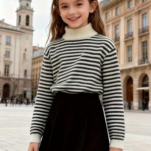 TEMU 여아 겨울 스웨터 - 부드러운 라운드넥 긴팔 풀오버, 블랙 & 화이트 가로 , 학교, 놀이, 캐주얼 외출을 위한 포근한 겨울 스웨터 - 간편한 관리 아동복, 귀여운 스웨터