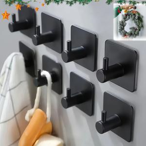 TEMU 8개입 고강도 방수 304 스테인리스 스틸 접착식 후크 - 드릴 필요 없는 자가 접착 벽걸이, 욕실, 주방, 샤워실용 - 타월, 코트, 가방, 모자 강력 고정 - 매트 블랙 접착식 후크 (드릴 필요 없음)|샤워타올