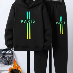 TEMU 2개 세트 남아용 캐주얼 스포츠웨어 -- 파리 프린트 후드티와 스웨트팬츠, 가을/겨울용 편안한 폴리에스터 소재, 포켓이 있는 레귤러 핏, 긴팔 풀오버 탑 & 바지, 일상용 스포츠 의상, 야외 활동에 완벽한 레저 운동복