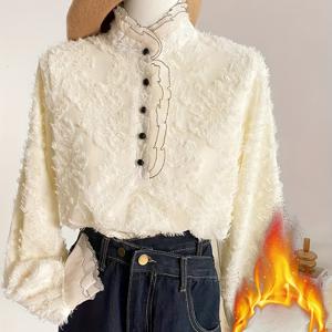 TEMU 겨울 칼라 블라우스 - 만다린 칼라 버튼 프론트 재킷 스타일 셔츠, 두꺼운 따뜻한 화이트 & 코트 스타일 탑, 레이어링용, 구조적 논스트레치 오피스 & 캐주얼 웨어, 세탁기 사용 가능한 아우터웨어|블라우스|여성블라우스