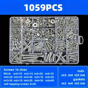 TEMU 1059피스 헤비듀티 락 와셔 & 너트 볼트 스크류 어쏘트먼트 키트 (박스 포함) - 올인원 M/F 나사형 패스너 (스크류, 헥스 볼트) 가정, 공장, 자동차용 - 정리된 보관, 내구성 있는 하드웨어 공급품