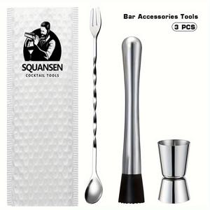 TEMU 3피스 프로페셔널 스테인리스 스틸 바텐딩 세트 (지거, 아이스 픽커/셰이커 & 병따개 포함) - 바, 셰이커, 바텐더용 헤비듀티 믹서 (위생적)