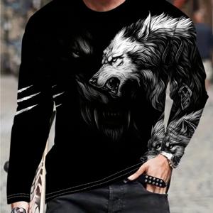 TEMU 남성용 3D 늑대 프린트 긴팔 티셔츠 - 블랙 캐주얼 크루 넥 티, 화이트 늑대 디자인, 사계절 편안한 핏, 캐주얼 의상에 완벽, 일상용 티셔츠 | 대담한 그래픽 티 | 편안한 핏, 그래픽 티셔츠 남성용, 긴팔 티셔츠 남성용, 남성용 티셔츠, 남성용 티셔츠, 남성용 티셔츠