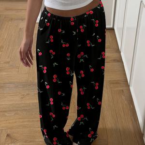 TEMU 블랙 체리 프린트 슬립 팬츠 - 여름용 하의, 세탁기 사용 가능한 편안한 라운지웨어, 캐주얼 & 데이투나이트 의류 (체리)