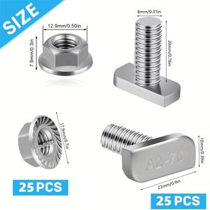 TEMU 50개 M8x20mm T 슬롯 드롭인 볼트 해머 헤드 볼트 T형 스터드 스크류 헥사곤 플랜지 너트 알루미늄 압출 태양광 마운팅용, 실버