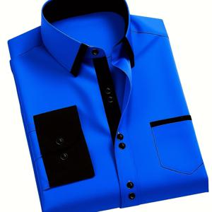 TEMU 남성용 로얄 블루 슬림핏 드레스 셔츠 - 주름 방지 비즈니스 정장 재킷 스타일 칼라 & 가슴 포켓, 세탁기 사용 가능 사계절 맞춤 블라우스, 웨딩, 오피스 & 정장용 - 주름 없는 내구성 드레스 코트 (포켓 스퀘어 준비 완료)
