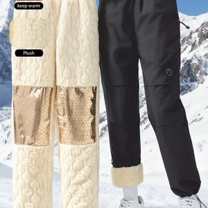 TEMU 여성용 겨울 기모 안감 두꺼운 아웃도어 스키 스포츠 바지 | 편안한 패딩 캐주얼 트라우저, 겨울 스포츠 및 하이킹에 적합, 긴 길이, 신축성 없는 원단, 단색, 포켓 디테일, 브랜드: GRIM PANDA