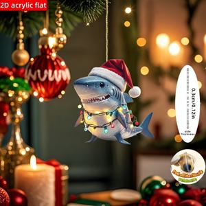 TEMU 2D 평면, 1개 크리스마스 상어 장식 - 걸이 로프 포함, 전기 불필요, 내구성 좋은 아크릴 장식 (실내/실외 트리, 집, 사무실용) - 산타 모자 달린 축제 분위기 상어 (조명 포함) - 상어 애호가를 위한 완벽한 크리스마스 선물, 장식
