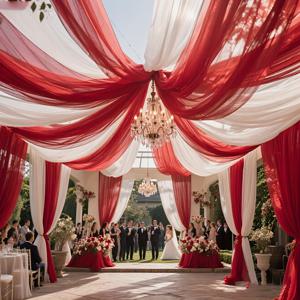 TEMU 2개 레드 앤 화이트 세트, 투명 튤 천장 배경 장식, 투명 튤 폴리에스터 섬유 폴리에스터 원단, 이벤트 파티 장식, 텐트 장식, 웨딩 아치 장식, 행사 장면 세팅 용품, 웨딩 장면 세팅, 천장 장식, 사진 소품, 포토 부스 사진 소품 장식, 이벤트 및 파티 용품으로 사용