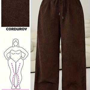 TEMU 플러스 사이즈, 여성용 플러스 사이즈 와이드 레그 빈티지 팬츠 - 하이웨이스트 풀 길이 벨트리스 디자인 (드로스트링 허리), 솔리드 컬러 캐주얼 엘레강트 겨울 팬츠, 가을/겨울용, 세탁기 사용 가능한 레그 트라우저