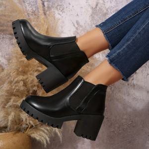 TEMU 여성용 영국 스타일 첼시 부츠 - 슬립온 청키 블록 힐 라운드 토 앵클 부티, PU 상단 & 고무 밑창, 사계절 캐주얼 & 드레스 부츠 (블랙/브라운) - 청바지, 드레스, 스커트에 어울리는 다용도 숏 부츠