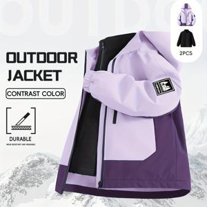 TEMU 2pcs 여아 겨울 재킷 & 재킷 세트 - 두꺼운 단열 코트, 풀 지퍼 클로저, 긴소매 아우터 (스키, 하이킹, 일상복) - 세탁기 사용 가능, 추운 날씨 의류 (핑크 & 퍼플) - 스키, 야외 활동에 적합 - 튼튼하고 따뜻한 재킷