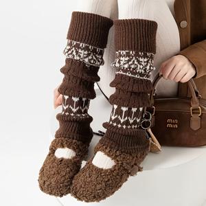 TEMU 가을과 겨울용 에스닉 스타일 여성용 두꺼운 따뜻한 오버칼프 양말 1켤레