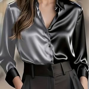 TEMU VOOO 칼라 버튼 프론트 셔츠 재킷 - 솔리드 컬러 롱 슬리브 블라우스, 봄/가을 캐주얼에서 드레시한 아우터웨어, 싱글 브레스티드 버튼 클로저, 클래식 솔리드 컬러 (스커트/블라우스와 호환) - 오피스용 브랜드 스타일