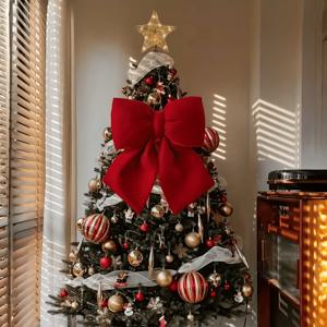 TEMU 대형 버건디 레드 플러시 리본 크리스마스 트리 장식 - 결혼식, 파티, 호텔 및 휴일 트리 장식용 고급스러운 반짝이는 리본 장식 - 부드러운 소재 (깃털 없음) - 우아한 트리 액세서리