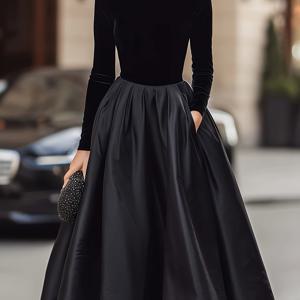 TEMU 여성용 우아한 블랙 A라인 드레스 - 하이넥 & 풀 길이, 숏 재킷 지퍼, 웨딩, 파티, 비즈니스 이벤트용 - 세탁기 사용 가능 A라인 드레스 (패드 없음)