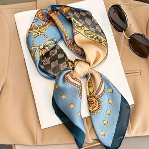 TEMU 여성용 우아한 블루 & 골드 프린트 스퀘어 스카프 - 부드럽고 통기성 좋은 가벼운 손수건, 정교한 플로럴 & 기하학적 패턴, 스타일링, 선물, 데일리룩에 다용도, 스타일리시한 액세서리, 세련된 디자인, 패션 애호가