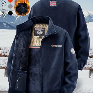 TEMU 남성용 따뜻한 플리스 자켓 - 풀 지퍼 겨울 코트, 편안하고 스타일리시한 스탠드 칼라, 가을과 겨울 야외 스포츠용 다용도 내구성 아우터웨어 - 세탁기 사용 가능 - 다크 블루/블랙/그레이 - 스키, 스노보드, 추운 날씨용