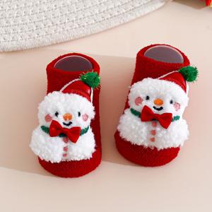 TEMU 0-3세 아기용 양말 한 쌍, 가을/겨울에 적합, 코랄 플리스 소재, 미끄럼 방지 바닥 양말, 새해 축하용 레드 양말, 두꺼운 보온 겨울 양말, 귀여운 만화 디자인.