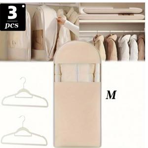 TEMU 3개 세트 헤비듀티 압축형 공간절약 지퍼형 행거백 세트 (창문 & 먼지커버 포함) - 셀프 프레스 시스템 (공구/하드웨어 불필요) - 베이지/핑크 나일론 옷장 수납백 (웨딩드레스, 정장, 의류용) - 이상적|행거