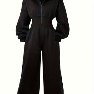 TEMU 여성용 Y2K 풀 레그 후드 점프수트 - 지퍼 프론트 & 와이드 레그 팬츠, 루즈핏 바디수트, 스트리트웨어, 출퇴근 및 사계절 착용, 세탁기 사용 가능 (단색)