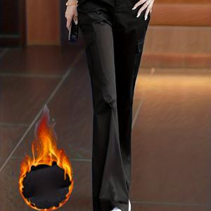 TEMU 캐주얼 기모 안감 와이드 레그 카고 바지 |, 롱 기장, 버튼 플라이, 단색, 레귤러 핏 (겨울용)