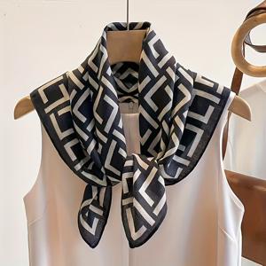 TEMU 여성용 우아한 블랙 & 화이트 기하학 프린트 스카프 - 26.7