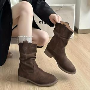 TEMU 여성용 슬립온 미드 캐프 부츠 - 탄력 있는 소가죽/누벅 & TPR 힐, 라운드 토우 로우 블록 힐 (12cm), 데님/드레스에 어울리는 사계절 캐주얼 부츠, 걷기 편안, 쉽게 신고 벗기, 안감 없음, 하루 종일 착용 가능