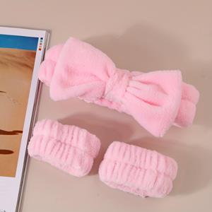 TEMU 3개 세트 귀여운 플러시 리본 머리띠 흡수성 손목 밴드 포함 | 스파, 메이크업, 세안에 적합