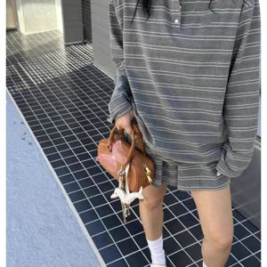 TEMU 2025 가을 여성용 스포츠 수트 세트 - 편안한 느낌의 루즈핏 폴로 칼라 스웨터와 반바지 투피스