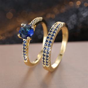 TEMU 라운드 컷 블루 스톤이 있는 럭셔리 골든 링 2세트, 영원한 밴드 또는 결혼 선물에 완벽함, 청소년용