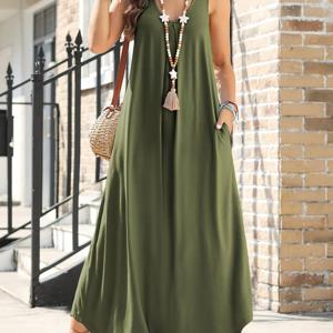 TEMU 여성용 민소매 라운드넥 캐주얼 드레스 - 포켓 디자인, 가벼운 A라인 플레어드 밑단 롱 드레스 (봄/여름/가을), 올리브 그린, 세탁기 사용 가능, 시즌별 의상, 부드러운 소재, 내구성 좋은 원단, 성인복