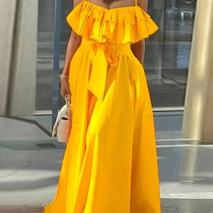 TEMU 러플 트림 민소매 캐미 드레스, 타이 웨이스트 스트랩 맥시 길이 드레스, 여성 의류