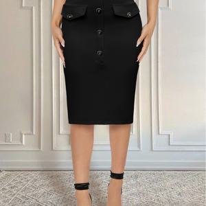 TEMU 여성용 우아한 시크 블랙 펜슬 스커트 - 슬림핏 H라인, 앞단추 클로저, 중간 신축성, 사무실 및 캐주얼 착용 가능, 봄/여름 가벼운 소재, 직장복