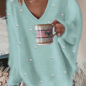 TEMU 플러스 사이즈 - 여성용 따뜻한 노란색 V넥 스웨터, 진주 버튼 및 플리스 안감이 있는 팔꿈치 - 비대칭 밑단, 기하학적 패턴, 캐주얼 겨울 풀오버, 캐주얼 의상, 겨울 의류 | V넥 스웨터 | 진주 버튼 세부 사항, 스웨터 드레스|빅사이즈
