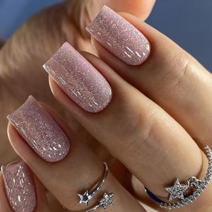 TEMU 24개입 미디엄 스퀘어 프레스온 네일 - 반짝이는 핑크 글리터 & 스팽글 디자인, 파티·웨딩·특별한 날을 위한 재사용 가능한 장식 네일, 긴 지속성, 뷰티 애호가를 위한 랩스톤 액세서리