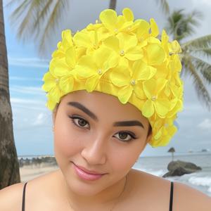 TEMU 핸드메이드 3D 플로랄 여성용 수영모자 - 풀, 체육관 및 워터 스포츠용 부드러운 비방수 텍스타일, 편안한 스트레치 핏과 화려한 보라색 꽃 & 진주 장식, 손세탁 가능, 진주 장식 액세서리