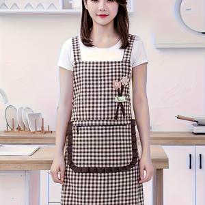 TEMU 한국 스타일 여성용 고품질 민소매 앞치마 - 조절 가능한 슬링 허리와 러플 밑단, 통기성 체크무늬 빨간색 & 흰색 홈 키친 및 전문 요리용