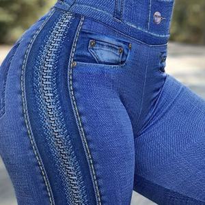 TEMU [프린트 팬츠 - 데님 소재 아님] 여성용 하이웨이스트 슬림핏 모조 데님 팬츠 - 전체 바디 데님 프린트 스트레치 허리밴드, 루즈핏 청바지, 데일리 아웃핏에 적합 - 기계 세탁 가능 데님 팬츠 (캐주얼)