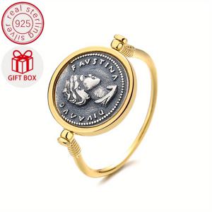 TEMU A 라디스 링, S925 스테인리스 실버 소재, 커플링 링으로, 결혼식 및 웨딩을 위한 우아한 디자인. 카주얼 스타일로, 로마 황제 안토니누스 황후의 동전 주얼리에서 영감을 받았습니다. 로마 황제의 5대 황제 중 하나입니다.