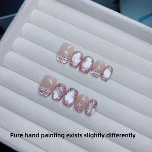 TEMU 핑크색 핸드페인팅 3D 플라워 체인 프렌치 캣아이 플로럴 착용 가능한 네일 10개 세트, 홈 데이트용 짧은 사다리꼴 탈부착 풀커버 네일, 네일 아트 DIY 애호가 여성용