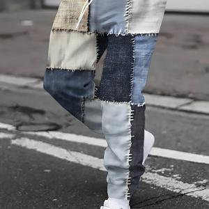 TEMU 남성 캐주얼 스포츠 팬츠 1개, 패셔너블 패치워크 스타일, 전면 프린트, 약간의 스트레치가 있는 폴리에스터 니트 원단, 레귤러 핏, 봄/가을 컬렉션